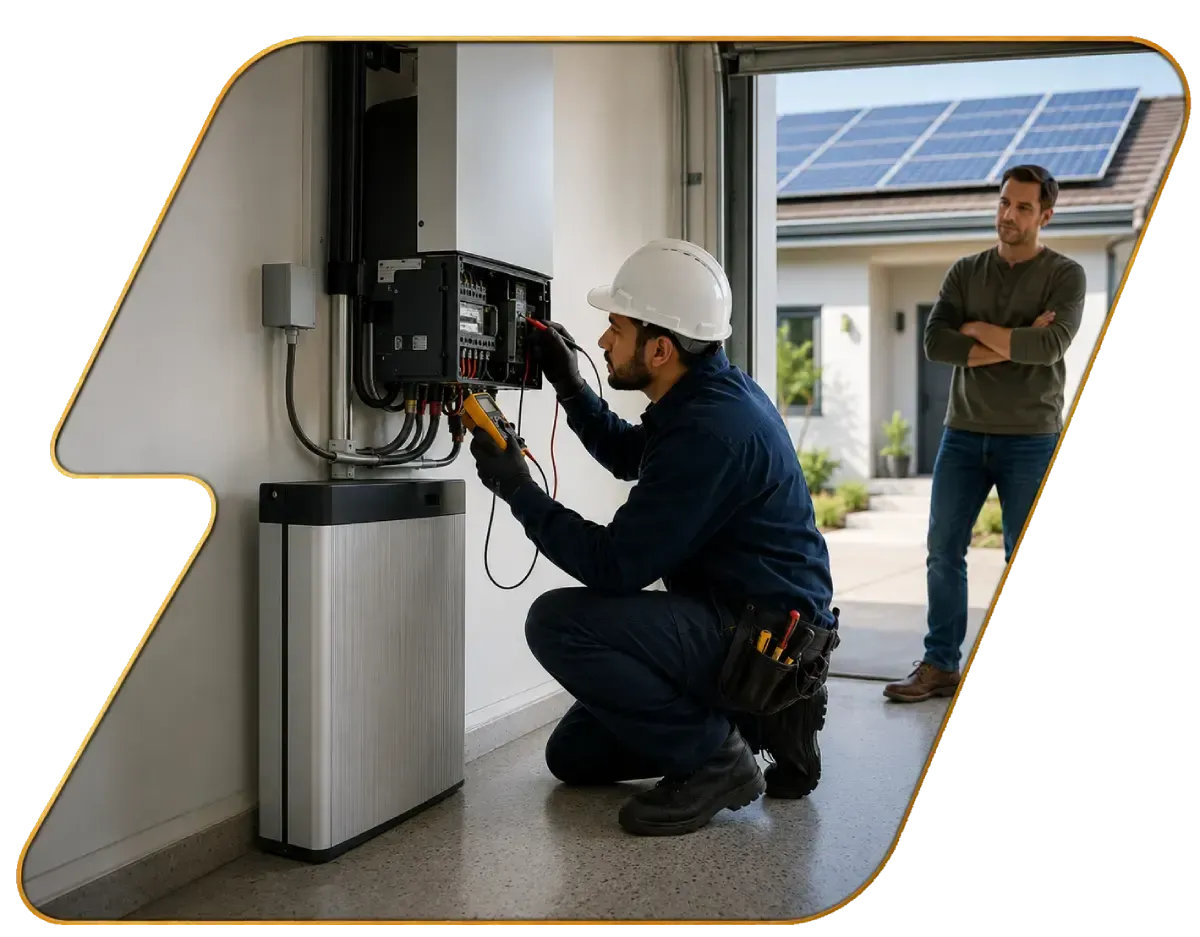 Electrician kneeling at a wall-mounted panel, inspecting wiring in a home while another person watches nearby.