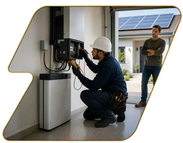 Technician servicing an electrical panel indoors while a person watches near a home with solar panels.