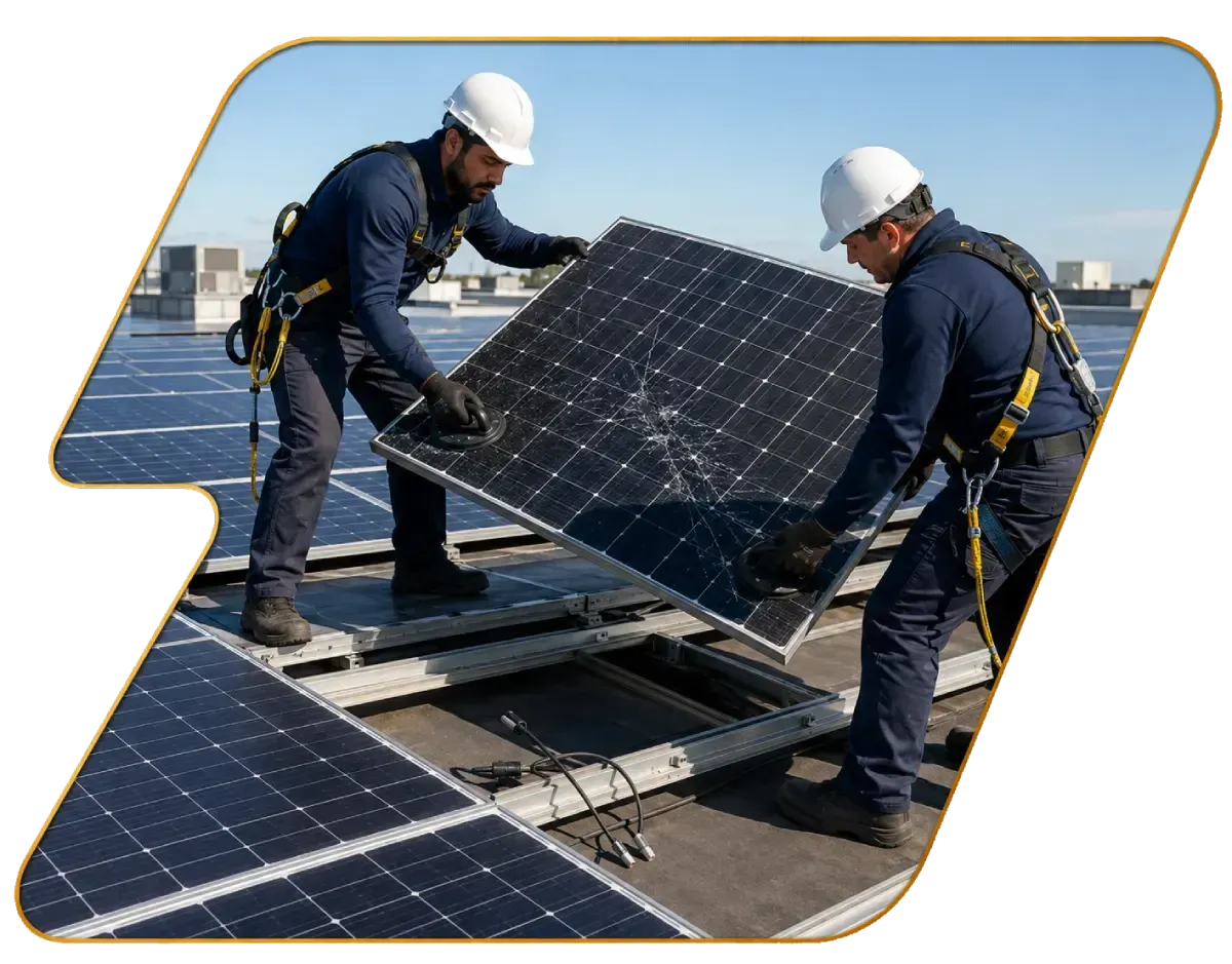 Workers installing a solar panel on a rooftop, wearing hard hats and safety gear.