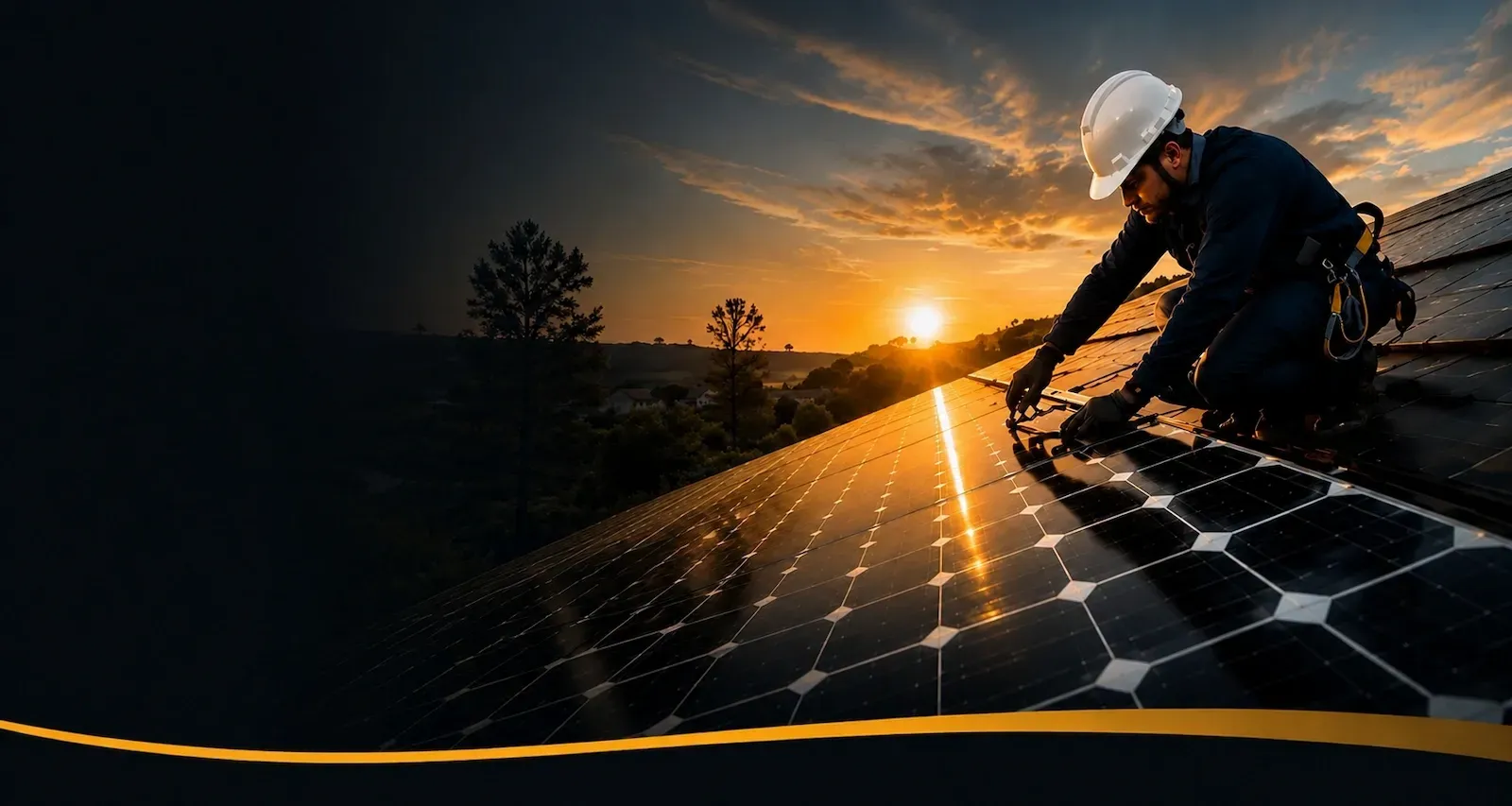 Worker in a hard hat installing solar panels at sunset with warm orange sky.