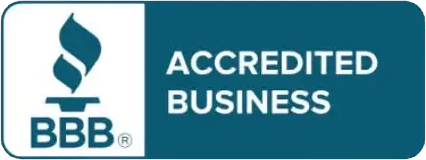 BBB Accredited Business logo with blue flame icon and white text on teal background