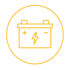 Orange outline icon of a battery with plus and minus signs inside a circle