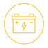 Orange outline icon of a car battery with plus and minus symbols inside a circle