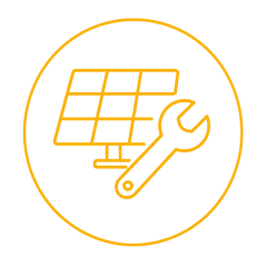 Orange outline of a solar panel with a wrench inside a circle