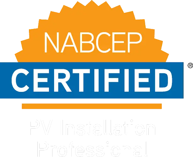 NABCEP Certified badge with orange sunburst and blue banner, white text