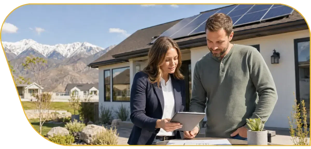 Drone flying over solar panels on a rooftop with mountains in the background