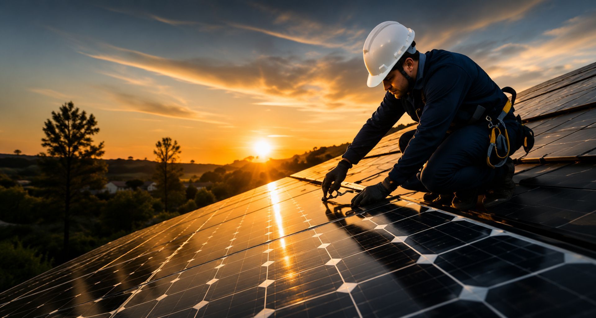 Worker in hard hat inspecting solar panels at sunset on a rooftop
