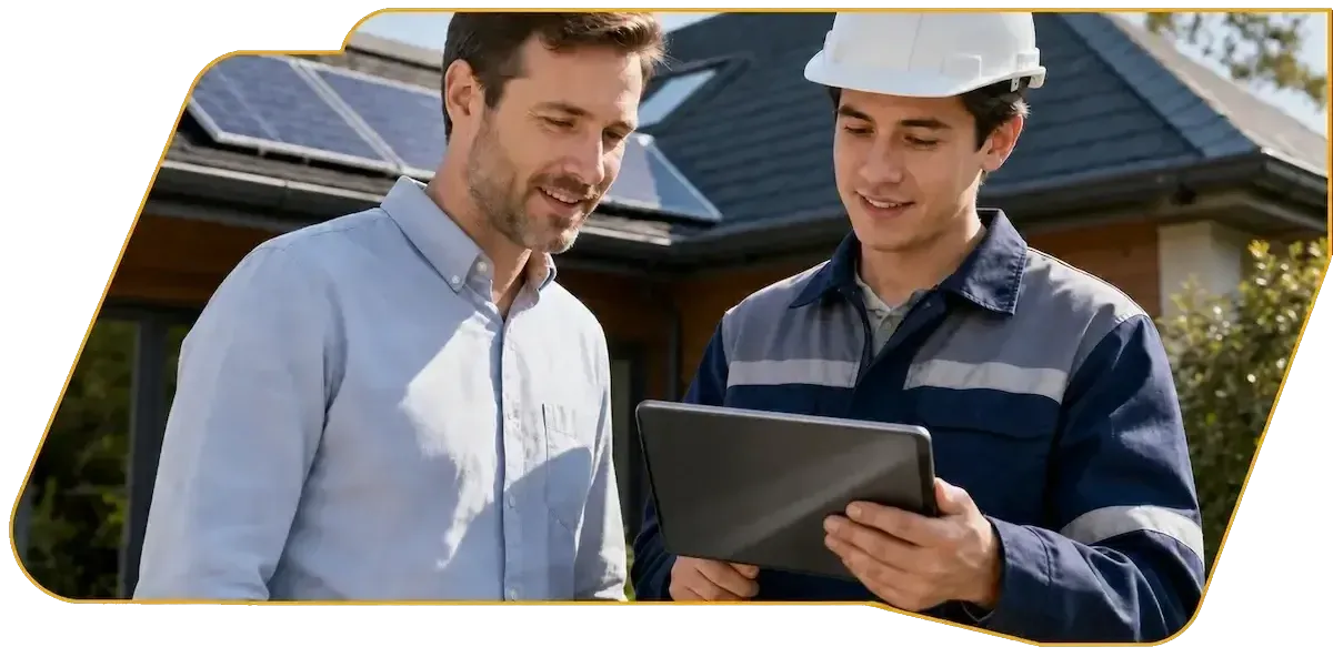 Two men reviewing a tablet outside a house, one in a hard hat