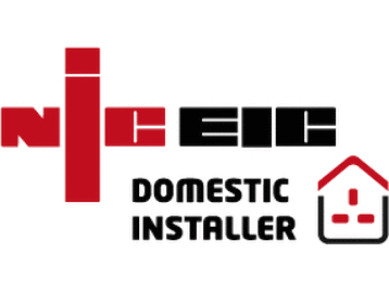A red and black logo for a domestic installer