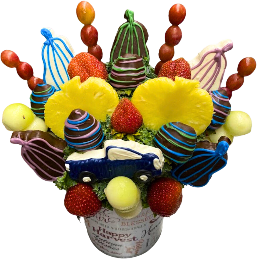 A bouquet of fruits and vegetables with a label that says eat drink scary