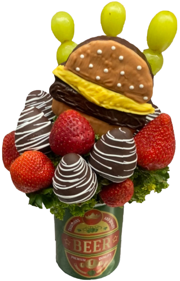 A bouquet of fruits and vegetables with a label that says eat drink scary
