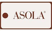 ASOLA® logo: brown text and dot on a beige background within a brown outlined rectangle.