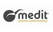 Logo for Medit sunscreen, featuring a dark gray circle with a white wave and 