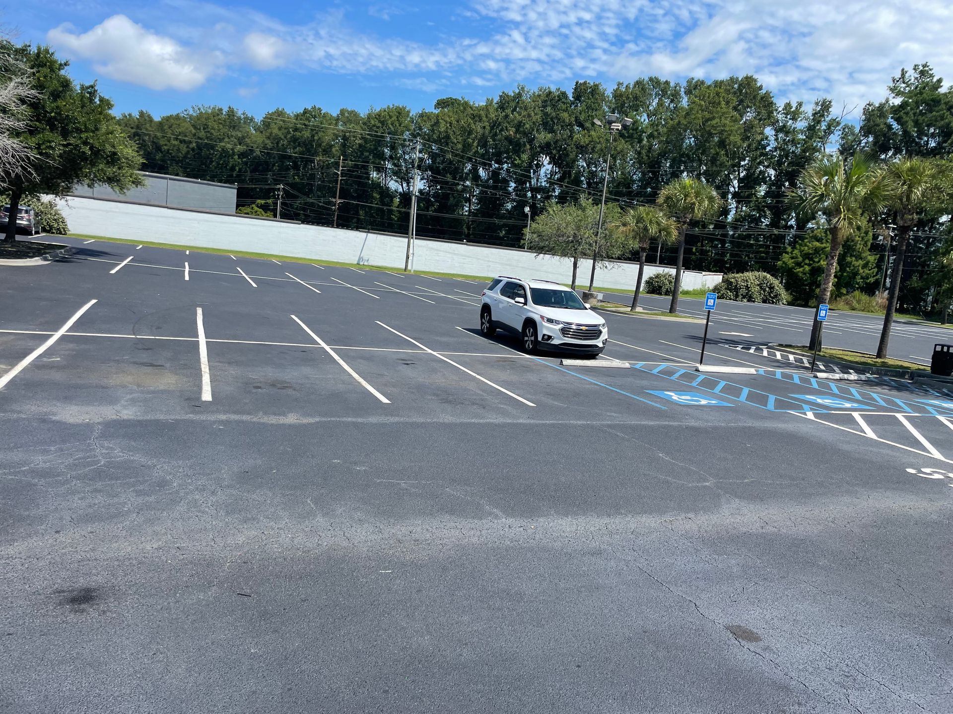 A white suv is parked in a parking lot with trees in the background.