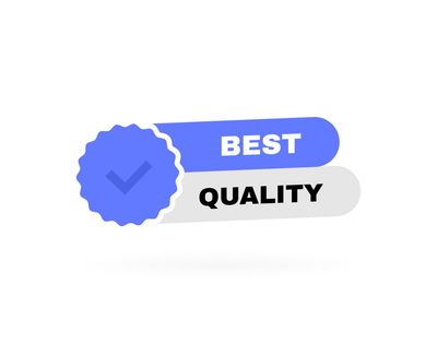 A sticker that says `` best quality '' with a check mark on it.