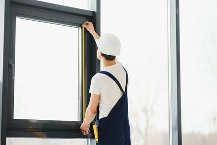 A man is measuring a window with a tape measure.