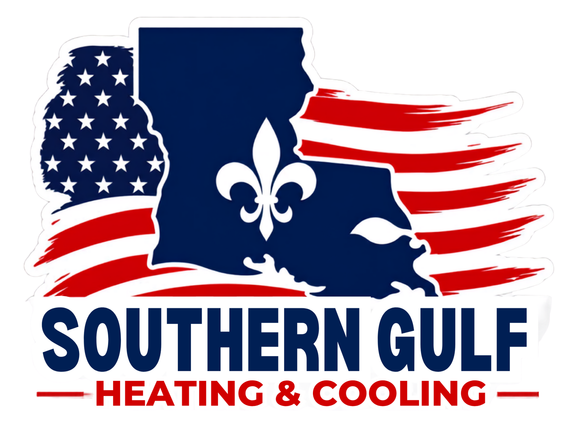 Southern Gule Heating & Cooling logo with Louisiana outline, fleur-de-lis, and red, white, blue flag accents