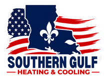 Southern Gule Heating & Cooling logo with Louisiana outline, fleur-de-lis, and red, white, blue flag accents