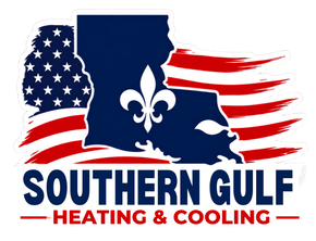 Southern Gule Heating & Cooling logo with Louisiana outline, fleur-de-lis, and red, white, blue flag accents