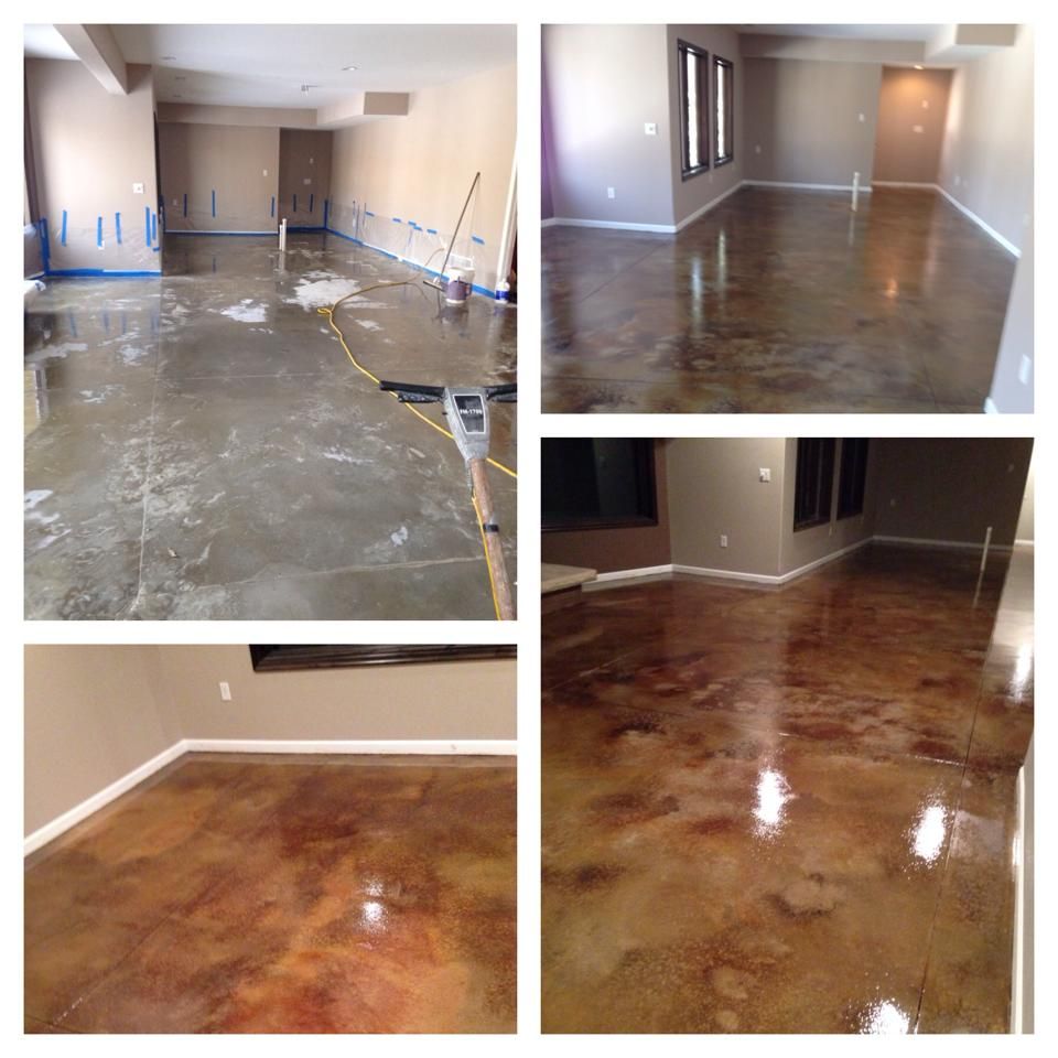 A collage shows before and after shots of a concrete floor being stained brown with a glossy finish in a room.