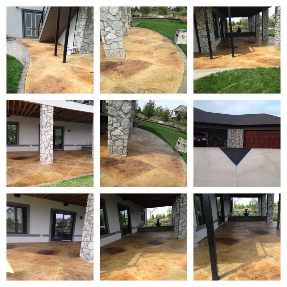 Nine photos of concrete patios with various designs and colors, near green lawns and buildings.