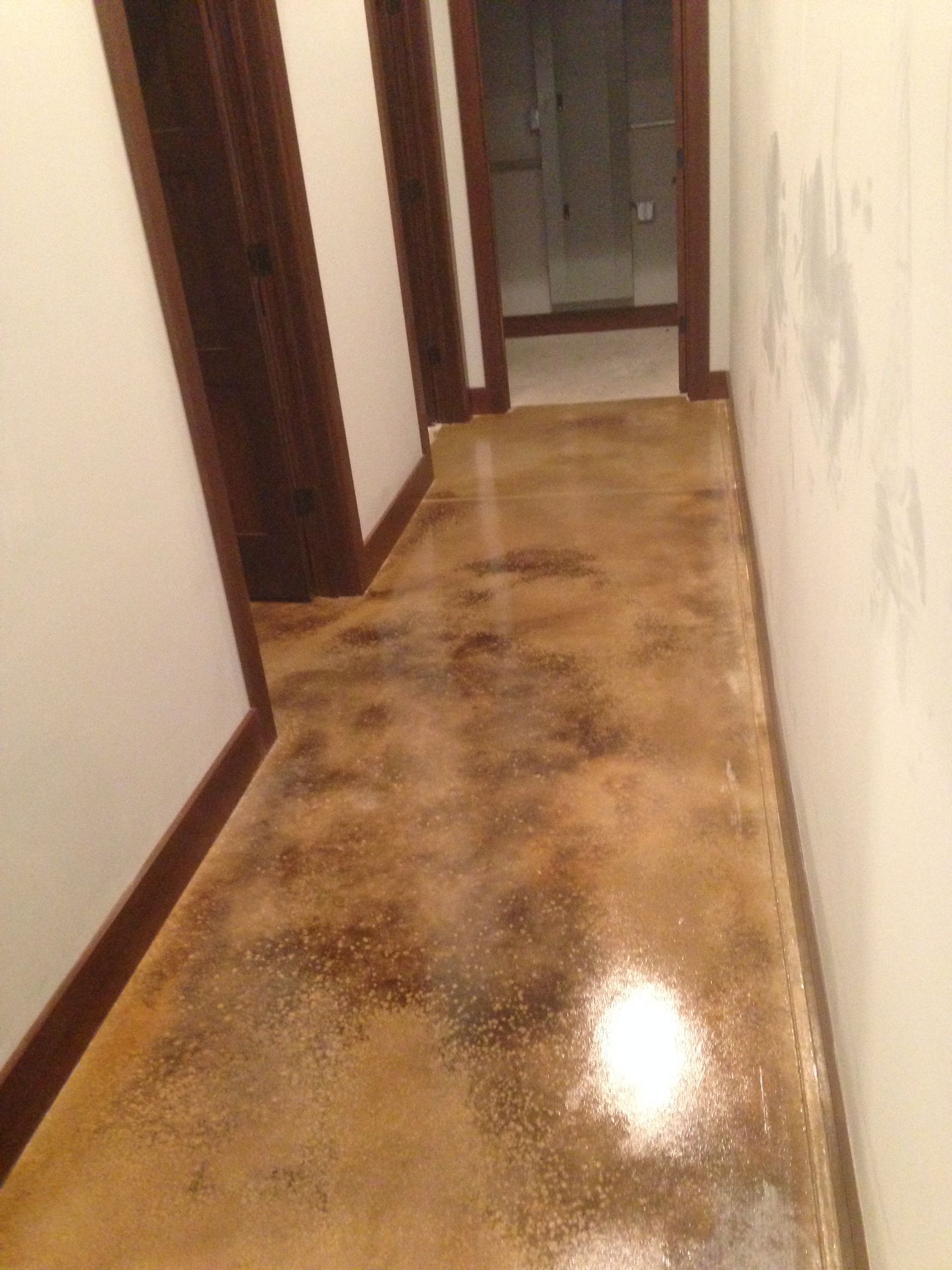 Hallway with stained concrete floor; white walls, dark wood door frames.