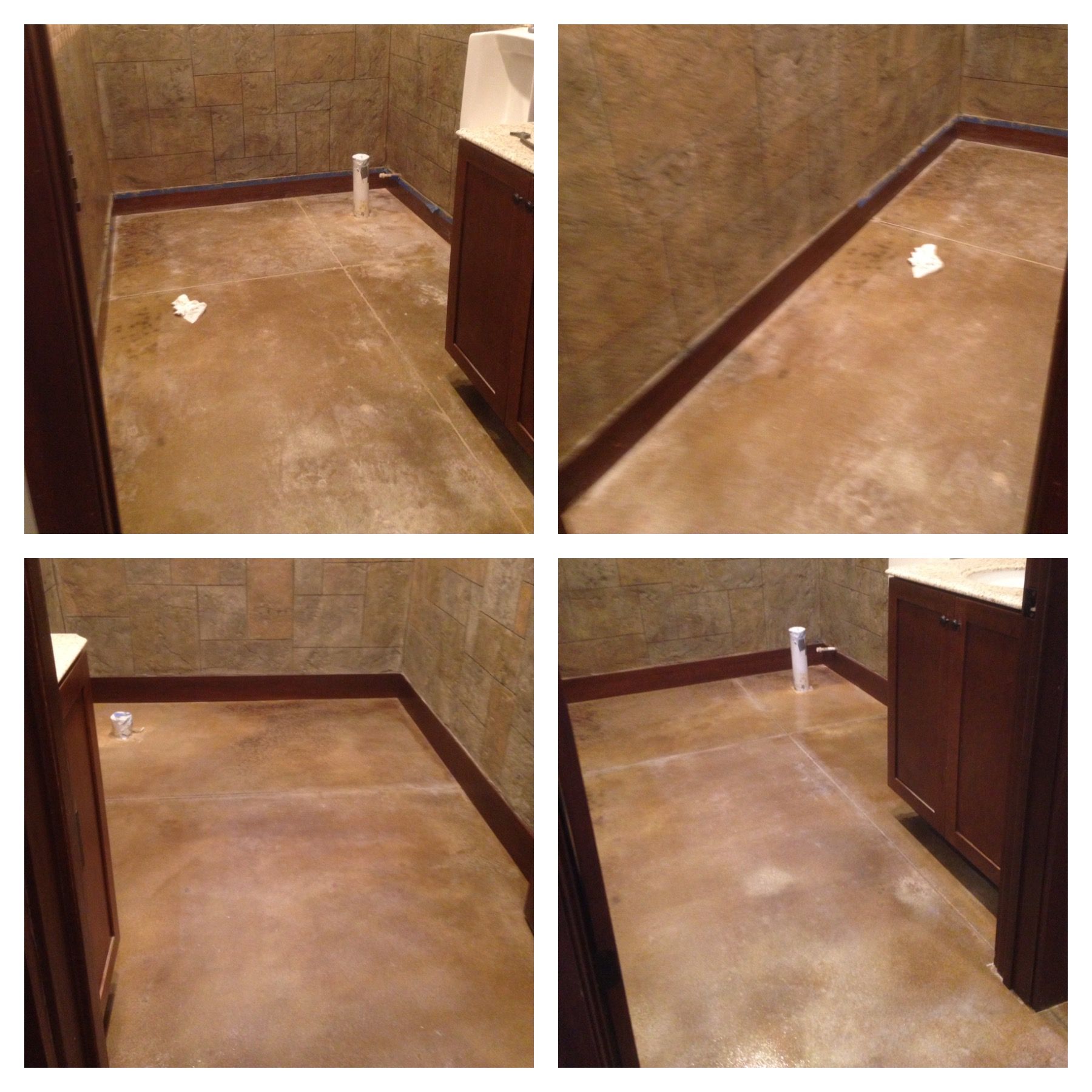Four views of a small bathroom with brown walls and floor, a dark wood cabinet, and a white pipe.