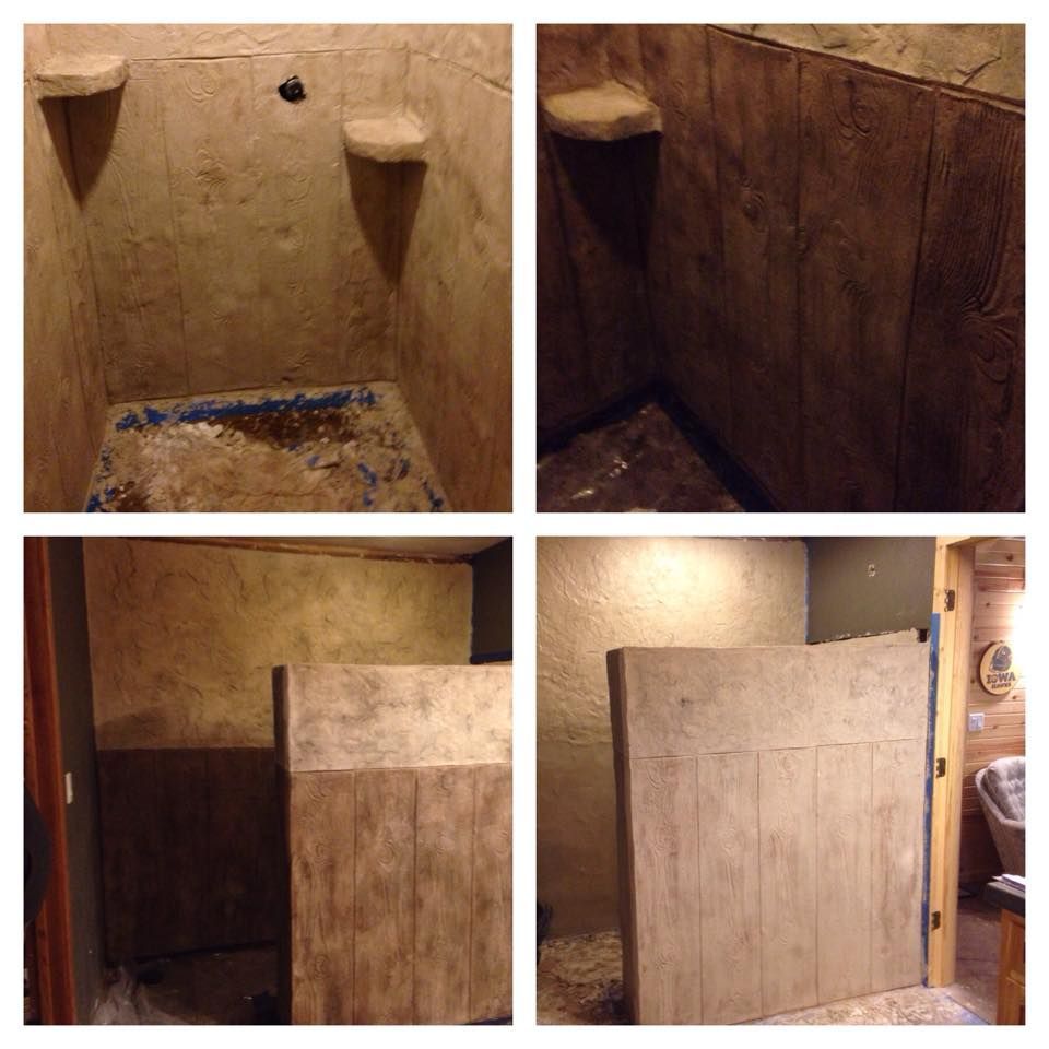 Four photos of a shower renovation with a textured, wood-look finish.