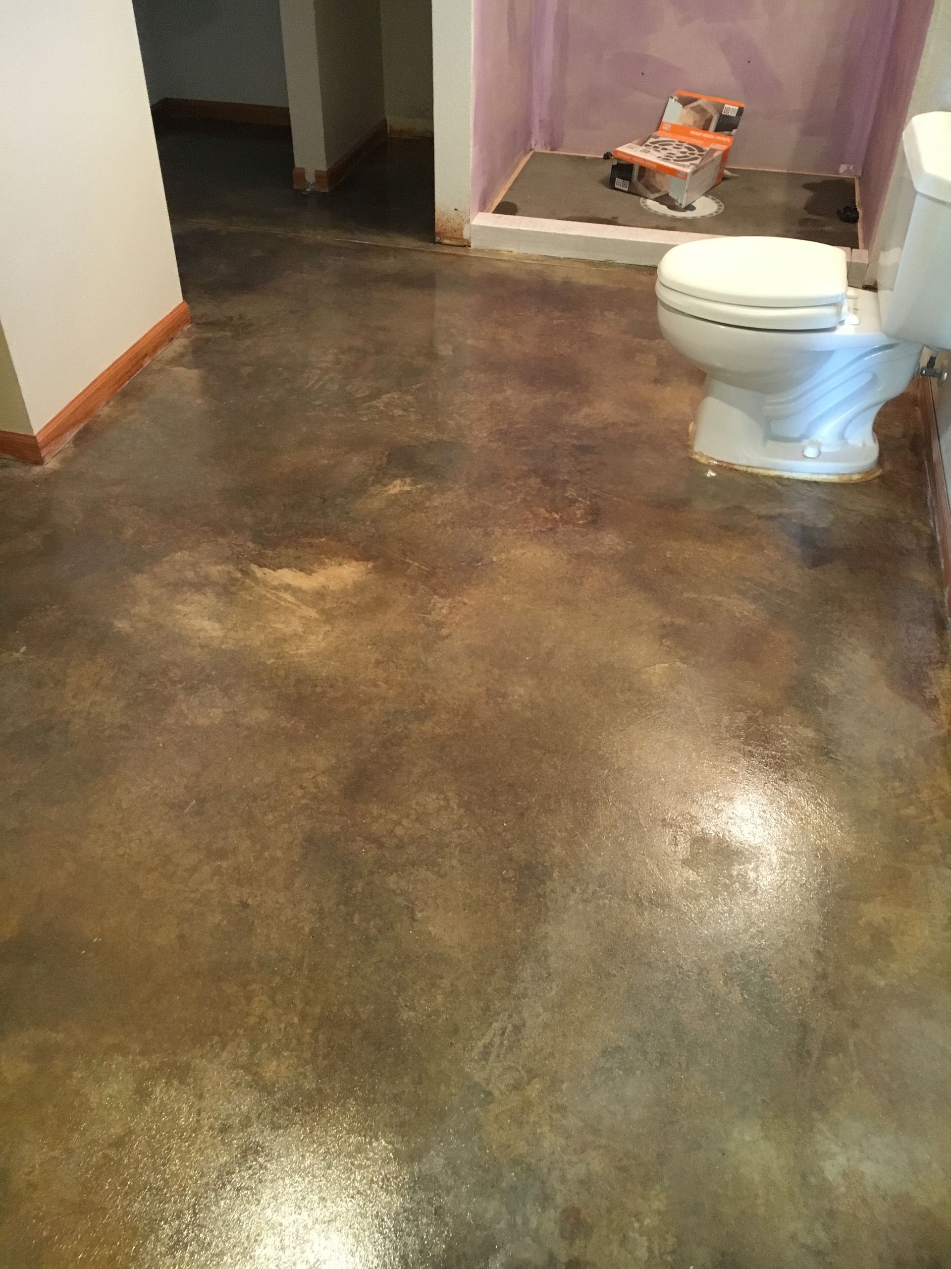 A bathroom with a stained concrete floor. Toilet on the right, in a room with tan, brown, and gold tones.