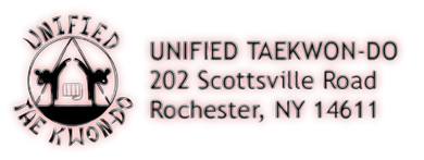 Unified Taekwon-Do logo with address: 202 Scottsville Road, Rochester, NY 14611