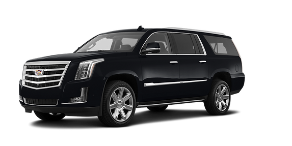 A sleek, black Cadillac Escalade SUV captured from a side-angle view against a plain white background.