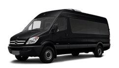 A sleek, black Mercedes-Benz Sprinter passenger van shown from a front-quarter angle on a white background.