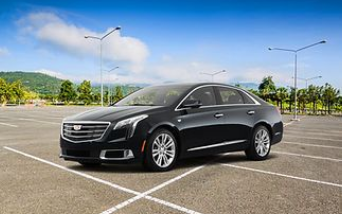A black Cadillac sedan parked in the center of an empty, expansive asphalt parking lot under a clear blue sky.