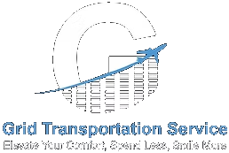 Logo for Grid Transportation Service: A large black letter G featuring a blue airplane flying over a black grid pattern.