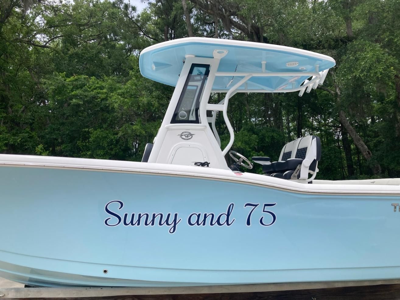Light blue boat named “Sunny and 75” on calm water with trees in the background