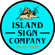 Island Sign Company logo in black on a cyan circle, with a beach scene and “Since 1980” in orange.