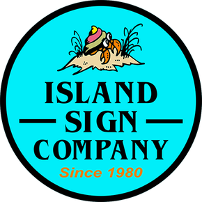 Island Sign Company logo in black on a cyan circle, with a beach scene and “Since 1980” in orange.