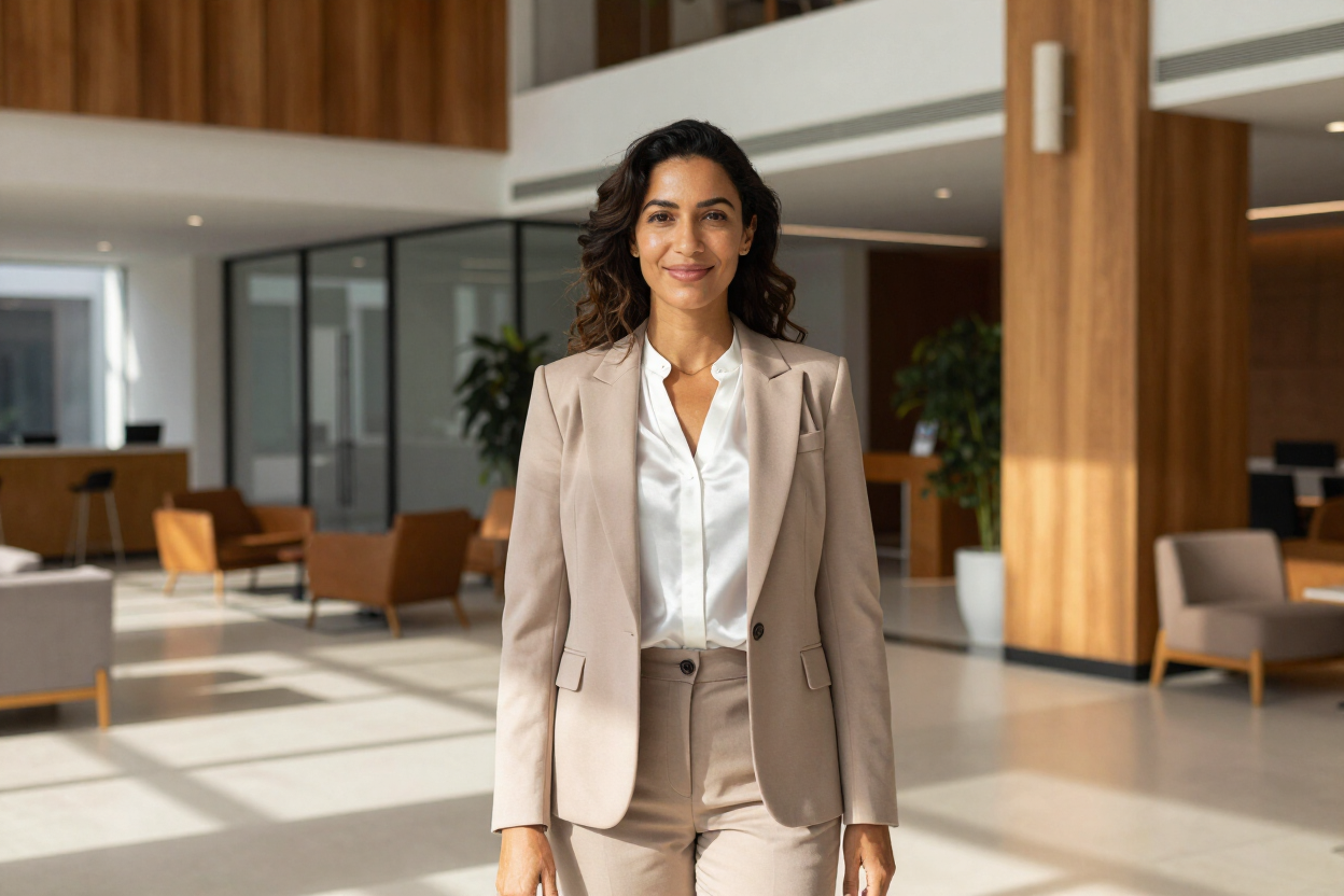 Woman in a beige suit standing in a modern office lobby
