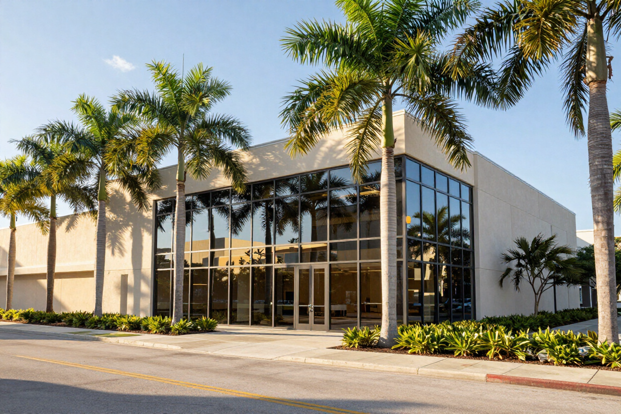 Modern glass-front office building with palm trees