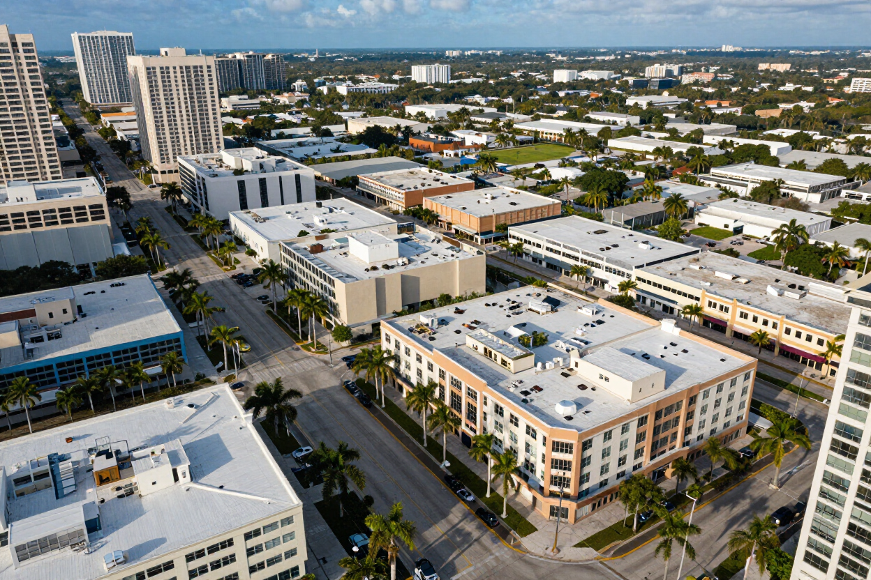 Aerial view of a sunny downtown with mid-rise buildings