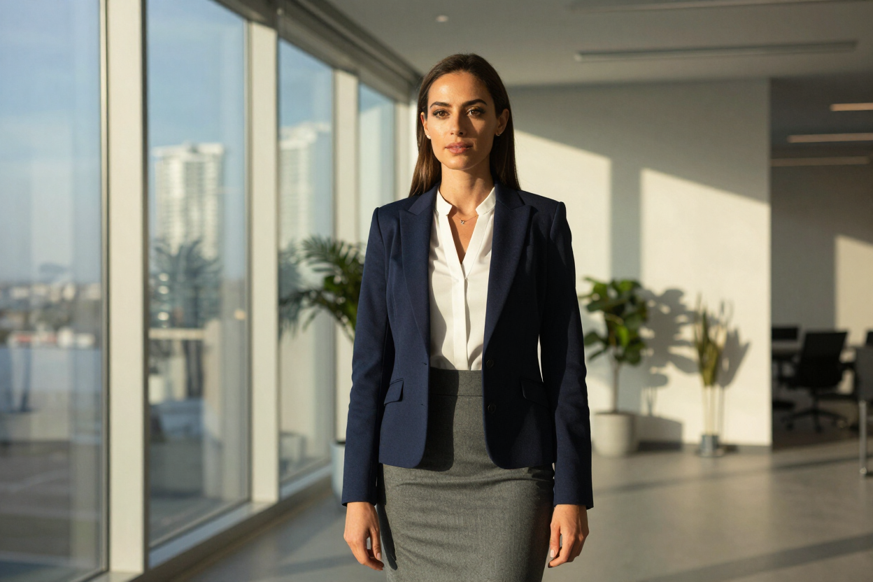 Professional woman walking in a bright office hallway