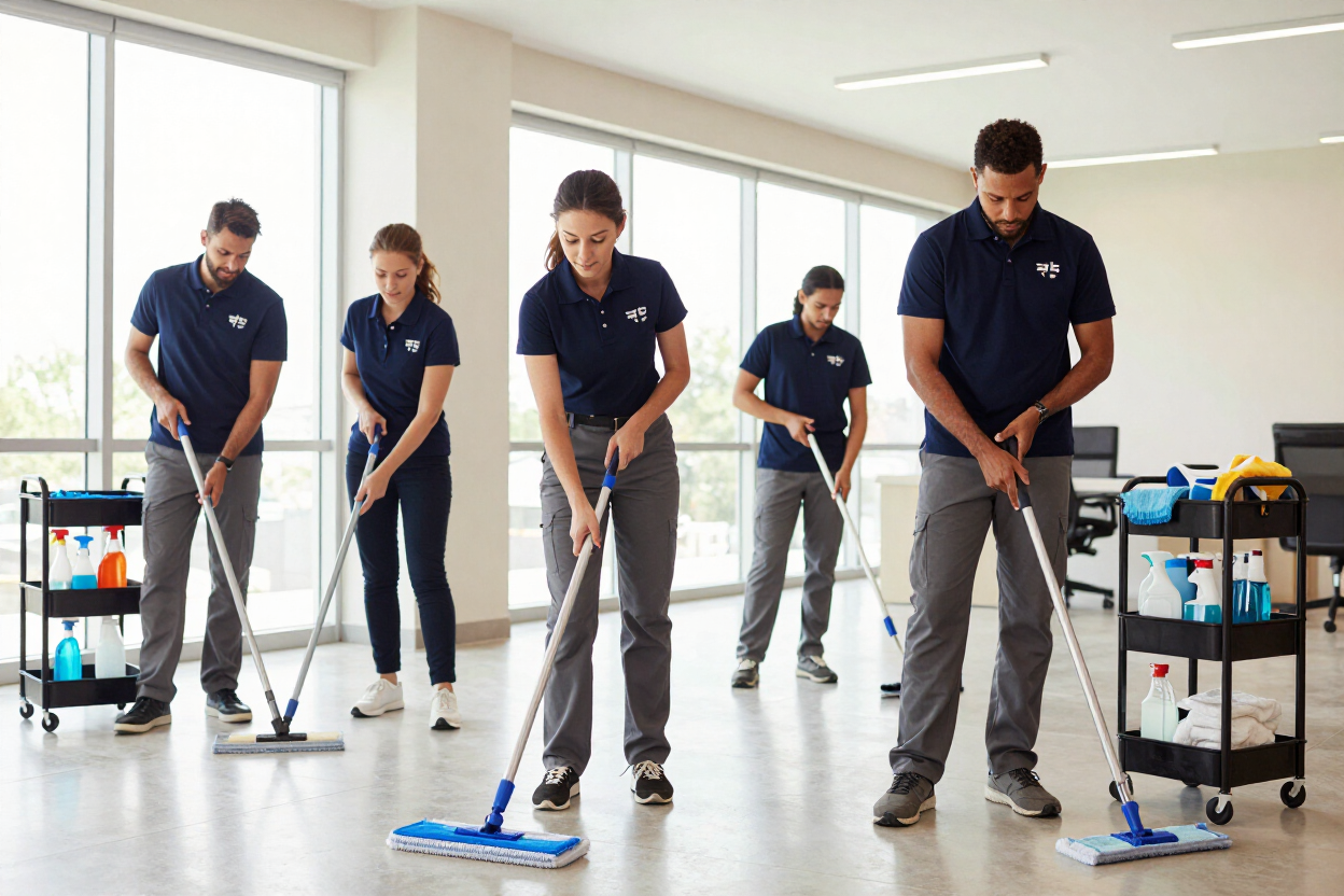 Cleaners in navy uniforms mopping a bright office floor