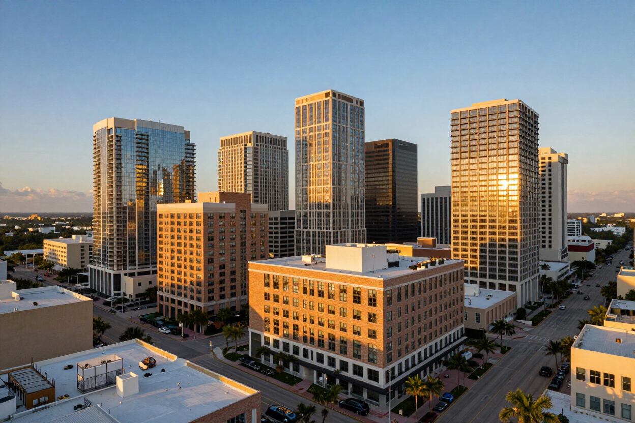 Sunset over modern high-rise apartment buildings in a city skyline