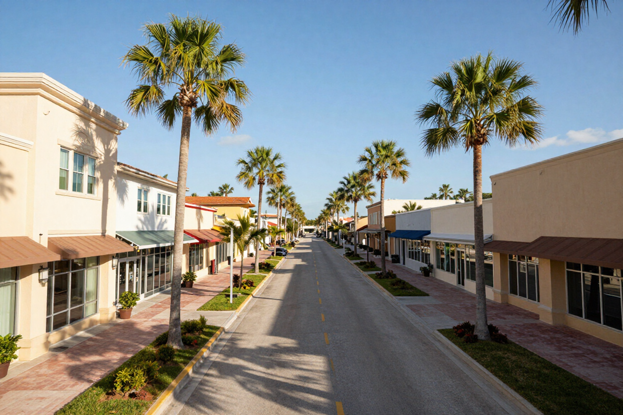 Palm-lined commercial street with storefronts and low-rise buildings