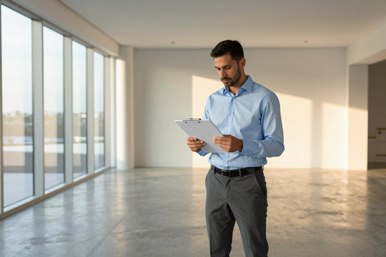 Man reviewing documents on empty office