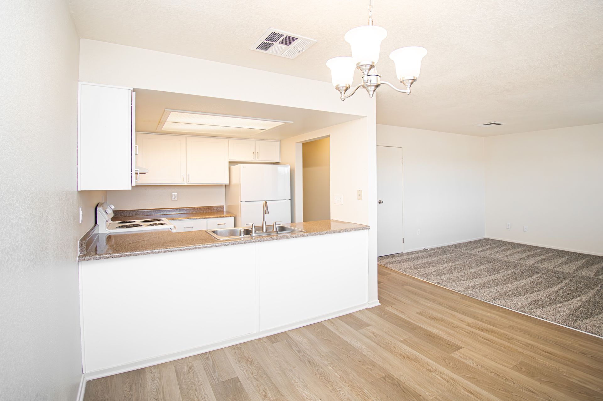 Empty apartment interior with open kitchen, light wood floors, and a ceiling light fixture