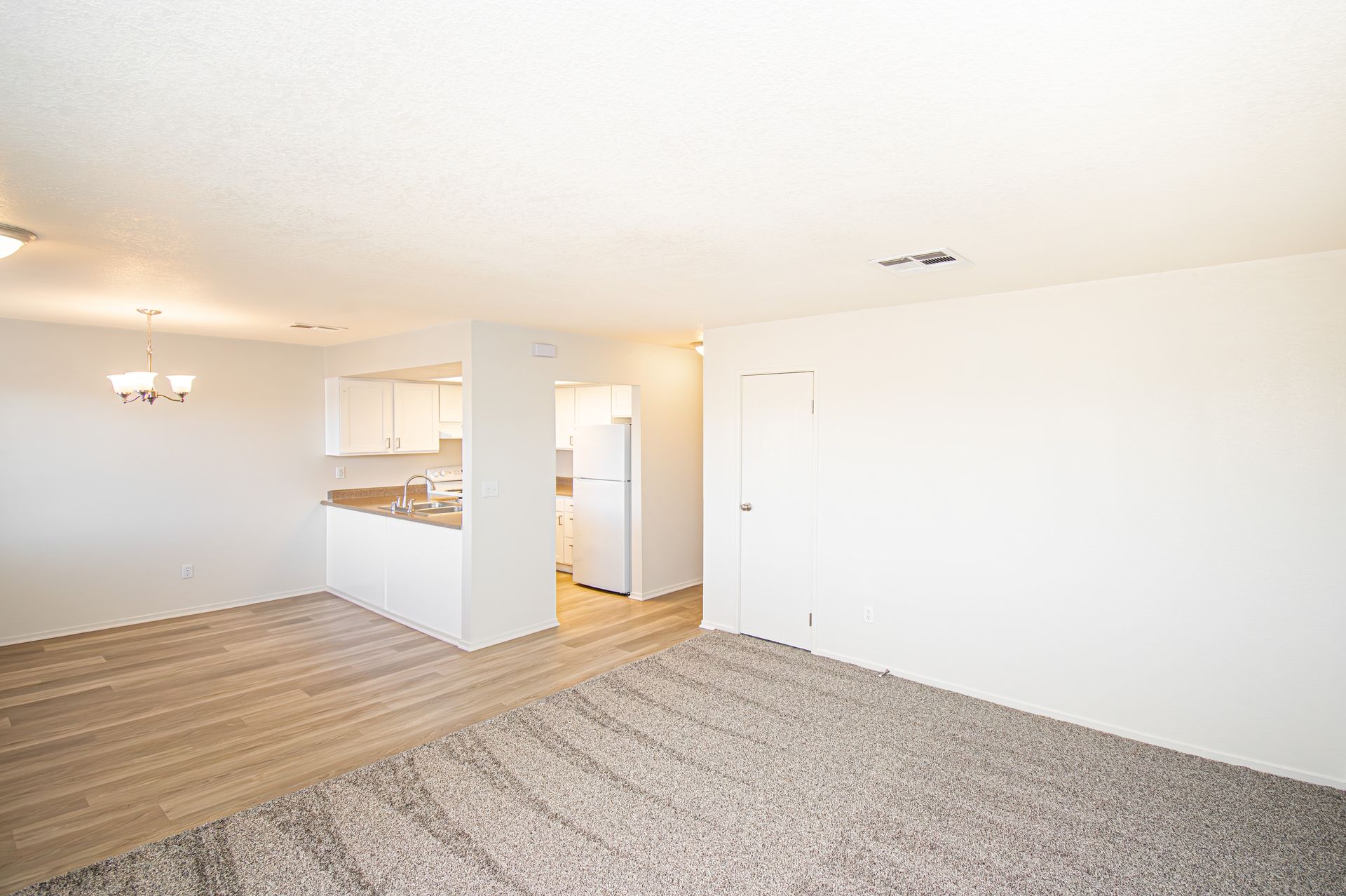 Empty living room with carpet, wood flooring, and a small kitchen area