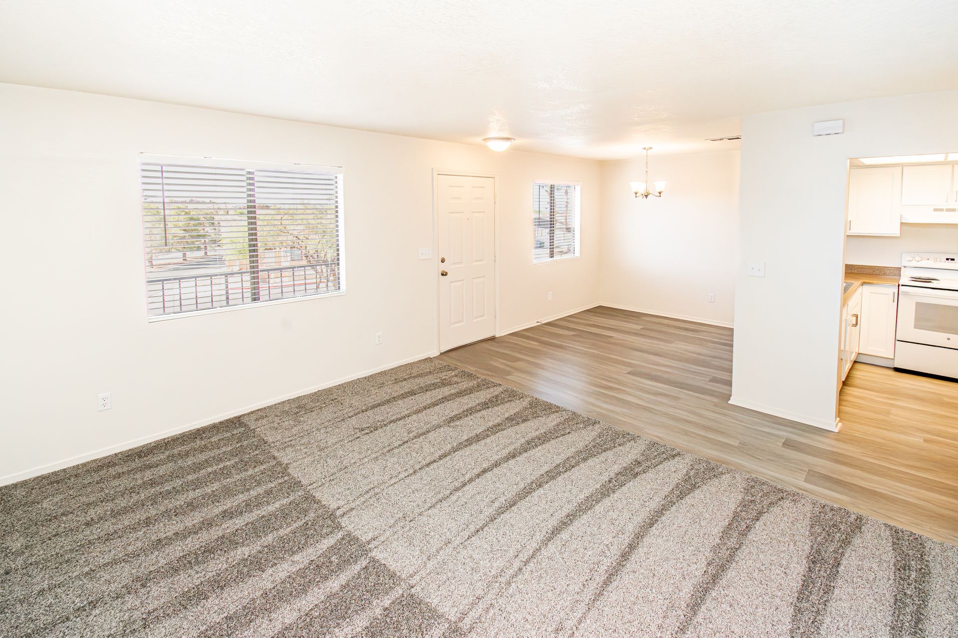 Empty living room with white walls, gray carpet, wood floor, and kitchen visible at right
