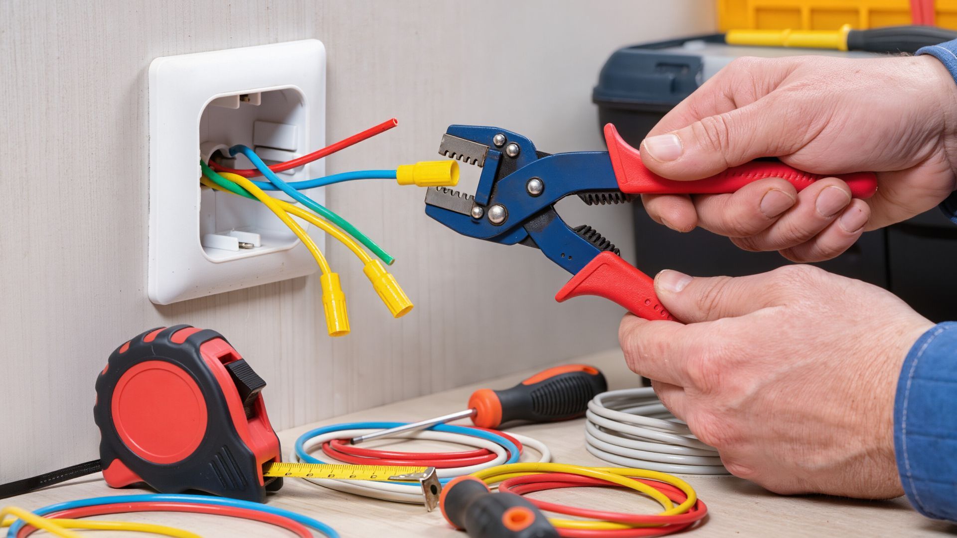 Hands using pliers to work on colored electrical wires in a wall outlet box.