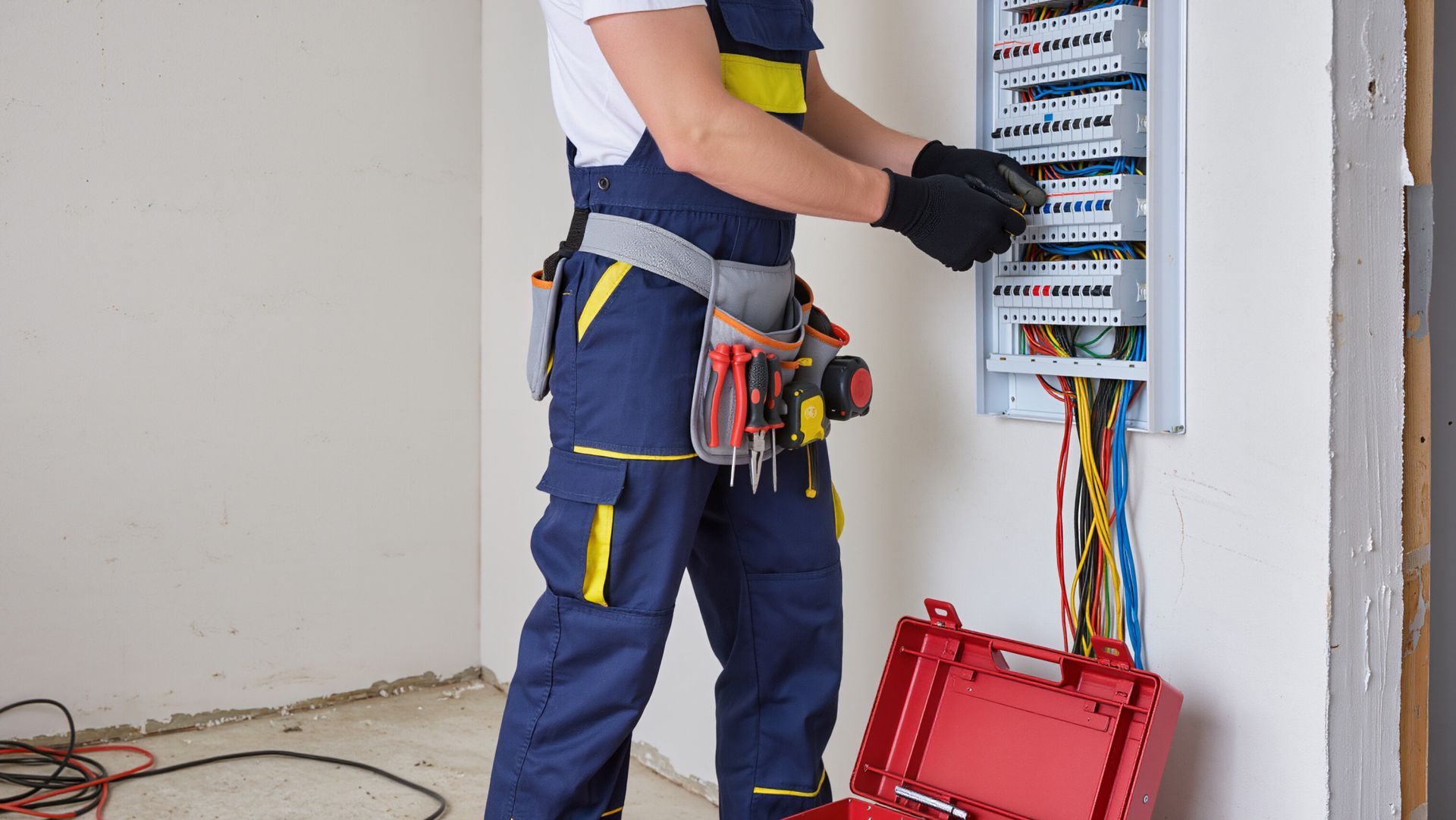 Electrician wiring an open electrical panel in a wall, with tools on his belt.